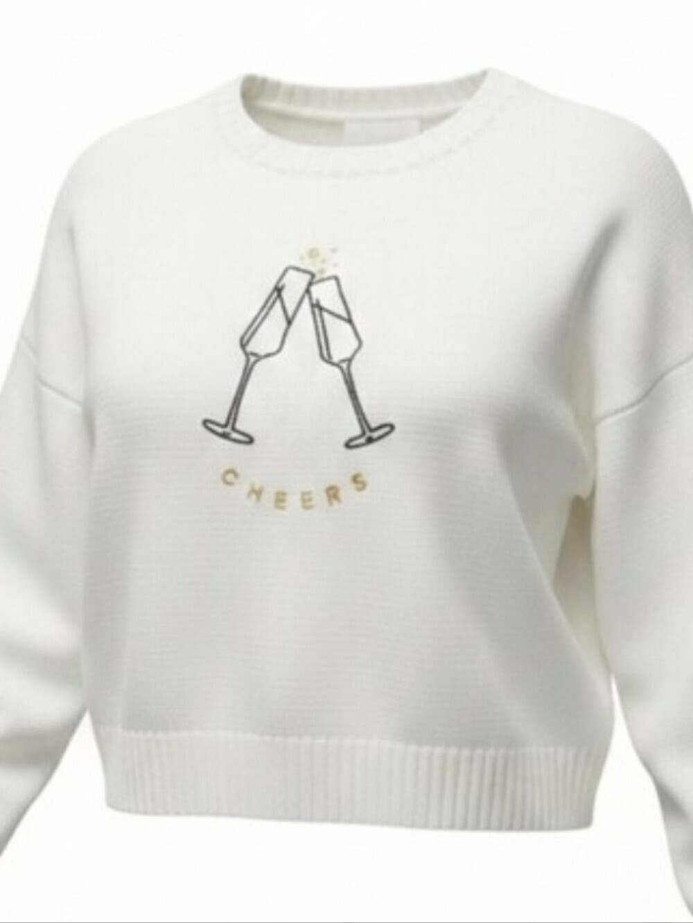 Moon & Madison Cotton Blend Knit Cropped Champagne CHEERS Ivory White Sweater